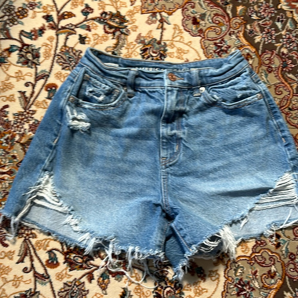 American Eagle Mom Shorts 0 Blue Denim Highest Rise Cut off Distressed